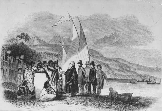 Missionary Samuel Marsden meets Ruatara's whānau at his pā at Rangihoua in the Bay of Islands in 1814. 