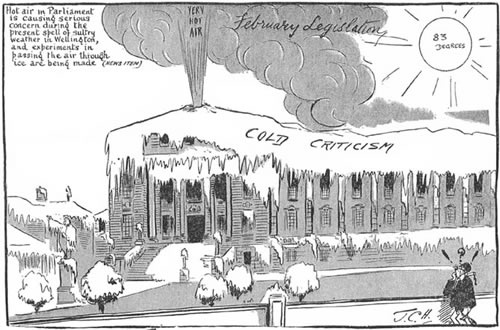 MPs talking hot air in Parliament cartoon, 1935