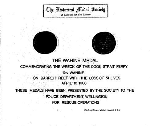 Royal Humane Society Gold Medal, <em>Wahine</em> disaster
