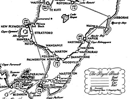 Royal visit route map, Gisborne-Wellington, 1954