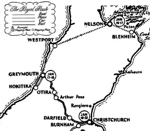 Royal tour route, Blenheim-Christchurch, 1954