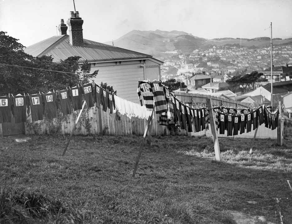 Rugby jerseys drying on washing line