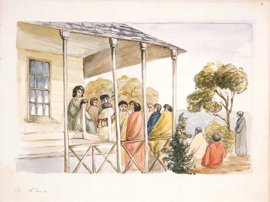 Maori meeting at European house, 1840s