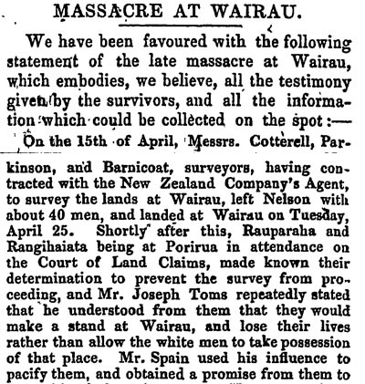 Newspaper report of the Wairau incident