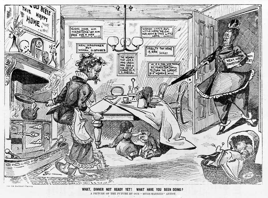 Cartoon against women's suffrage | NZHistory, New Zealand history online