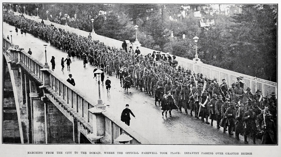 Infantry marching over Grafton Bridge