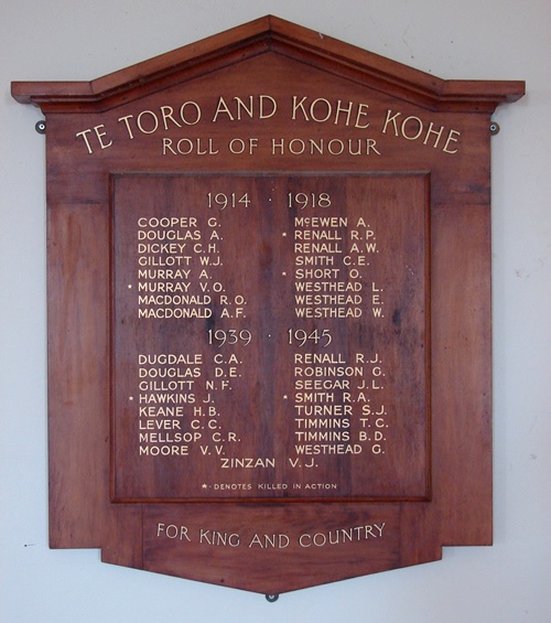 Te Toro and Kohekohe roll of honour