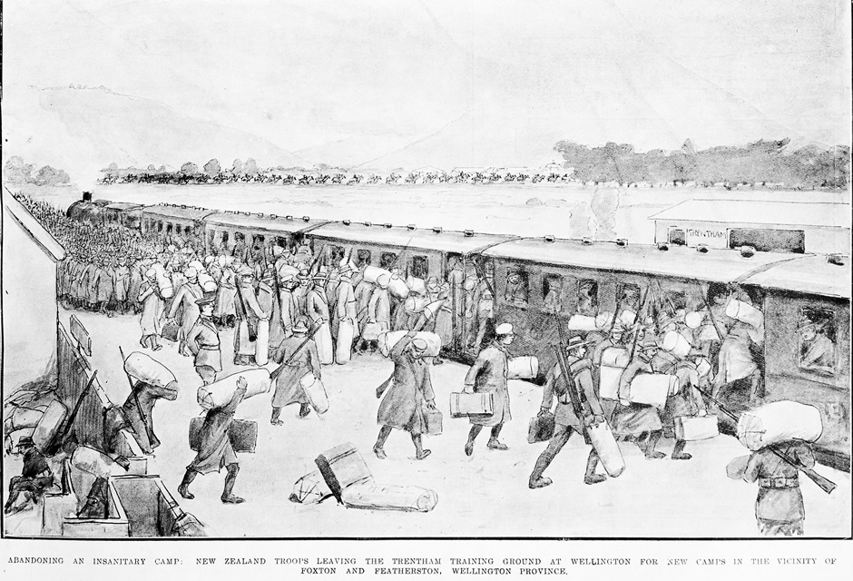 Troops boarding train at Trentham Camp