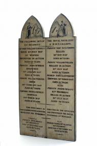 Wooden tablet made from two boards inscribed with the names of British soldiers and sailors.