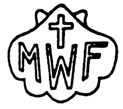 Scallop shell surrounding cross and letters MWF