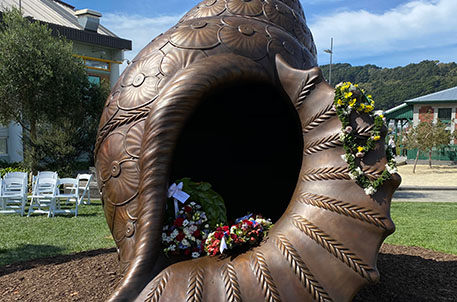 The shell-shaped Pacific Island memorial.