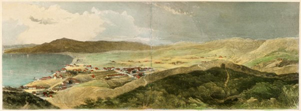 Painting of houses set amongst green hills near the sea