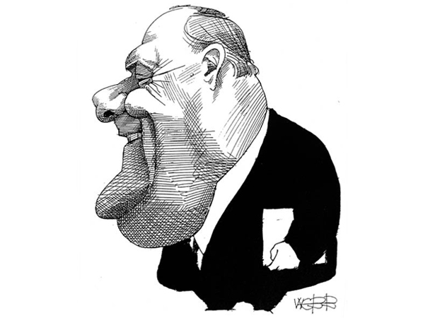 Cartoon of balding man in with large cheeks in suit