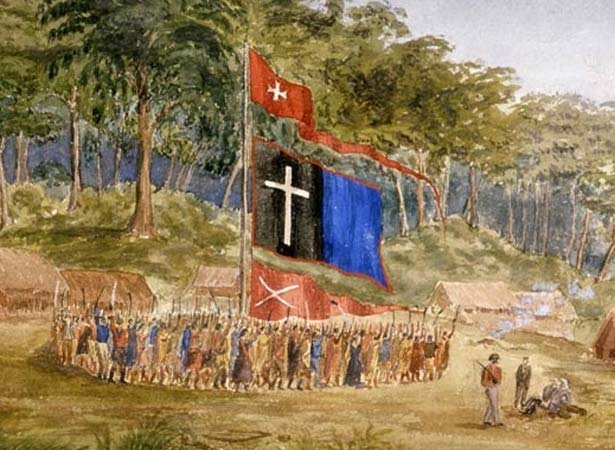 Watercolour depicting Pai Mārire ceremony, 1865