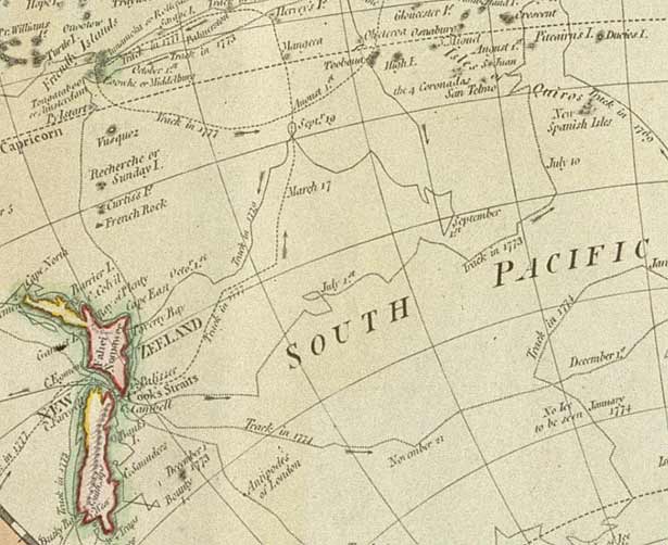 South Pacific map focused on New Zealand showing lines and dates of Cook's voyages