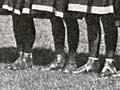 Series of black and white photographs of women kicking a ball on a field wearing dresses and stockings.