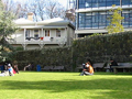 Grassy space in front of stone wall