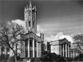 The arts building and tower in the 1950s with old cars parked in front