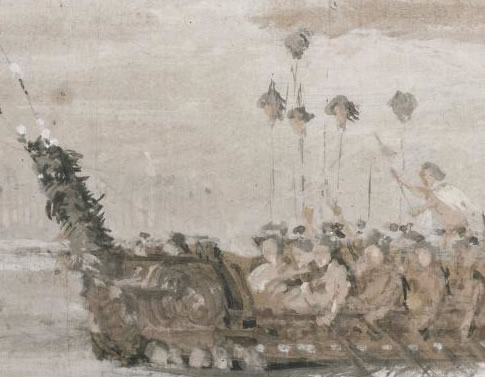 Front of canoe with heads on poles