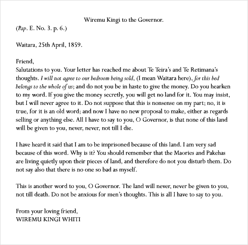 Wiremu Kīngi's letter to the governor