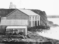 Historic image of sheds and wharf with a horse and cart.