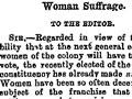 Thumbnail of newspaper article titled 'Woman Suffrage, To the Editor.