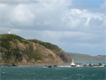Two lighthouses, one up on a hill and one near the waterfront