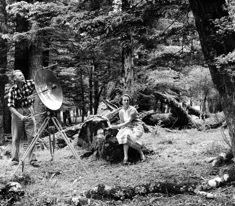 Two people in woods with recording equipment