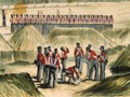 British soldier's and their village in foreground with pā site visible on hill behind