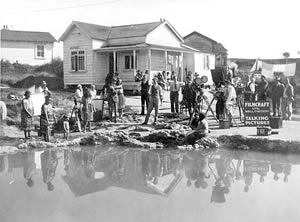 Film crew by lake