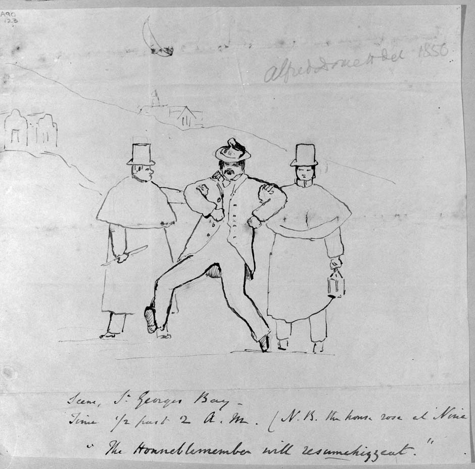 Cartoon of drunk MP, 1856
