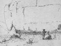 Line drawing of people drawing on rock face