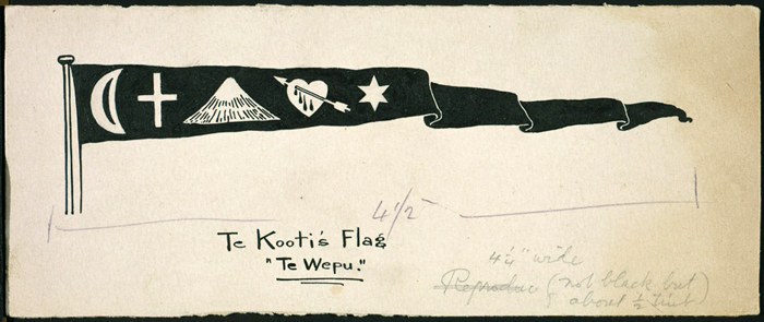 An ink drawing by Gilbert Mair of Te Kooti’s triangular pennant, ‘Te Wepu’ (the whip)