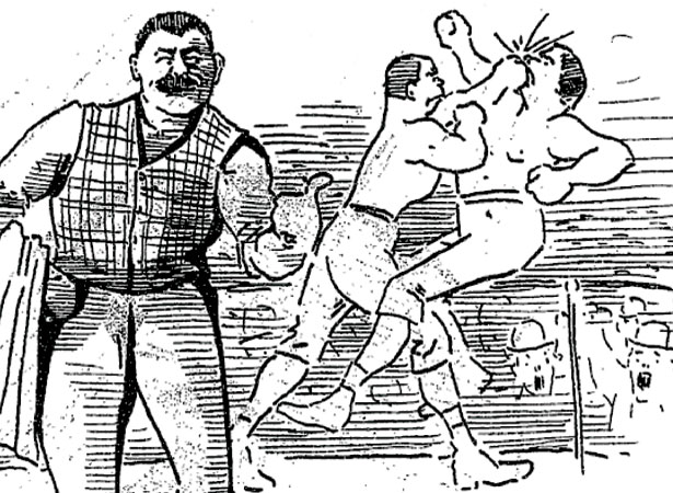 Cartoon showing a bare-knuckle boxing bout, 1889