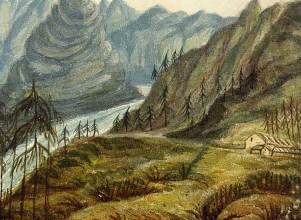 Painting of mission station set on the banks of a river