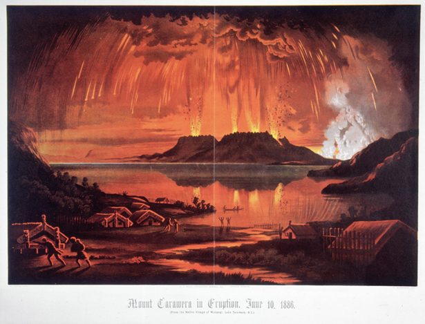 Lithograph of Tarawera erupting in 1886