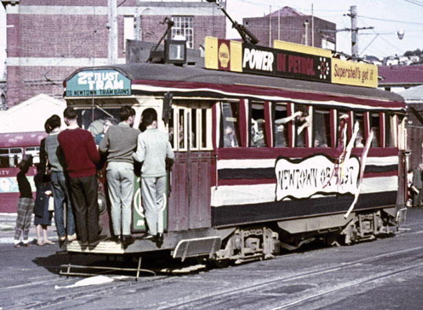 The second-to-last tram at the railway station stop on its way to Newtown