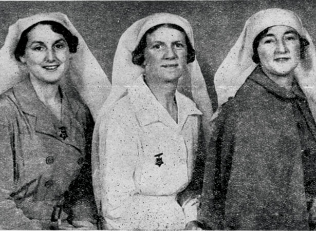 Nurses sent to Spain during the Spanish Civil War. Left to right: Nurse Dodds, Sister Shadbolt, Nurse Sharples,