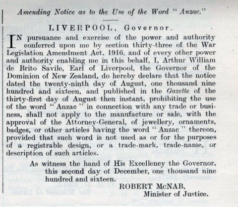 Gazette notice allowing use of term 'Anzac' for some badges and jewelry