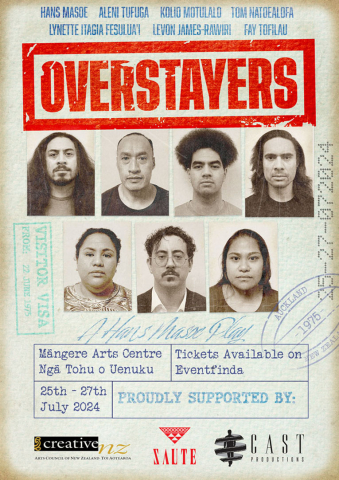 poster for the Overstayers play. Text describing the play and 7 'mugshot' style portraits of the actors. 
