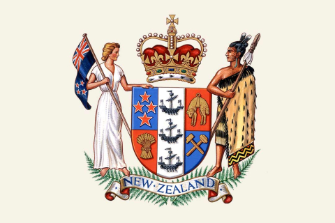 Coat of Arms with European woman on left and Māori warrior on right of a shield topped by a crown.