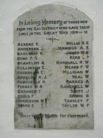 Names on Rai Valley war memorial