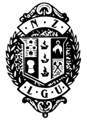 Coat of arms within wreaths above letters L.G.U.