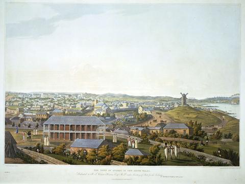 1823 painting of Māori chiefs standing in the garden of a Sydney villa