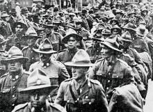 Māori soldiers marching up Queen St, Auckland