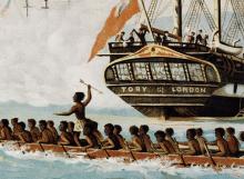 Painting of ships and waka in Wellington Harbour, 1840