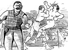 Cartoon showing a bare-knuckle boxing bout, 1889