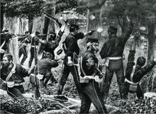 Colonial forces under attack at Te Ngutu-o-te-Manu