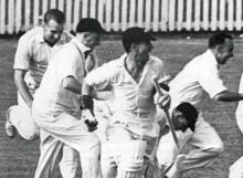 New Zealand players celebrate their first test victory, 1956