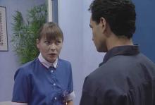 Nurse Carrie Burton talking to Dr Ropata
